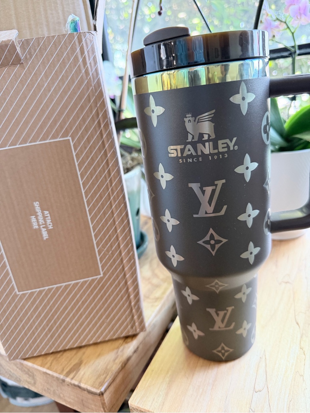 Custom Stanley 40 ounce quencher tumbler in chocolate with Gold Logo.